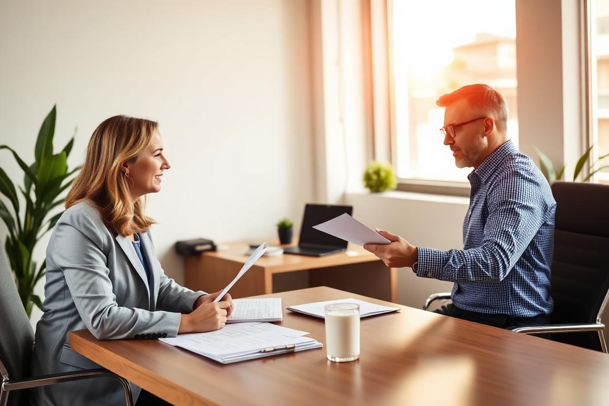 Insurance agent reviewing policy documents with clients at an office desk in Hayward, CA.